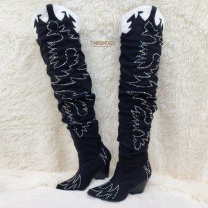 Western Thigh high slouch cowboy boots Rhinestones